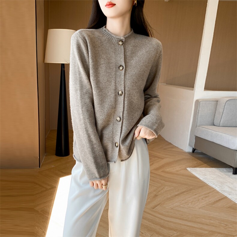 小香风气质短款针织开衫女春秋宽松显瘦圆领毛衣外套羊毛外搭，女装羊毛衫，盛鼎羊绒