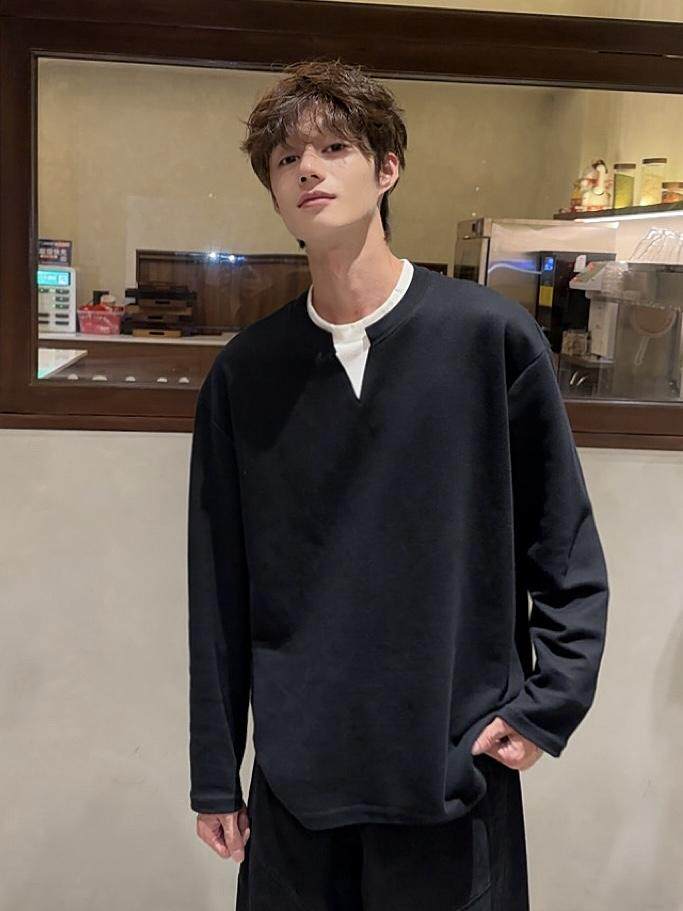网图现货假两件T恤百搭宽松拼色V领圆领免烫情侣百搭纯棉CT88/P45,男装T恤,电商B318