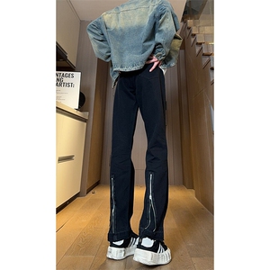 现货 黑色拉链毛边美式修身直筒高街牛仔裤男 K5813-P50 控78图片