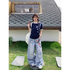 小众设计感个性涂鸦牛仔长裤男女宽松直筒中腰阔腿微喇拖地老爹裤，男装牛仔裤，星座1018A