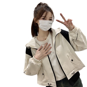 韩版撞色拼接连帽外套春季女2025新款休闲宽松设计感显高短款上衣图片
