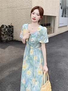 现货-2026年夏季新款韩版宽松显瘦百搭法式度假风中长款连衣裙女图片