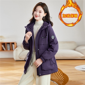 时尚连帽加绒加厚收腰派克服女2025冬季新款宽松显瘦保暖棉衣外套图片