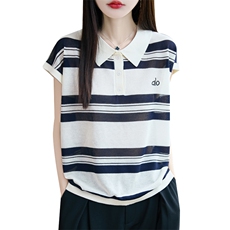 夏季新款天丝亚麻翻领刺绣条纹短袖女宽松百搭显瘦时尚休闲上衣，女装T恤，昭美羊绒