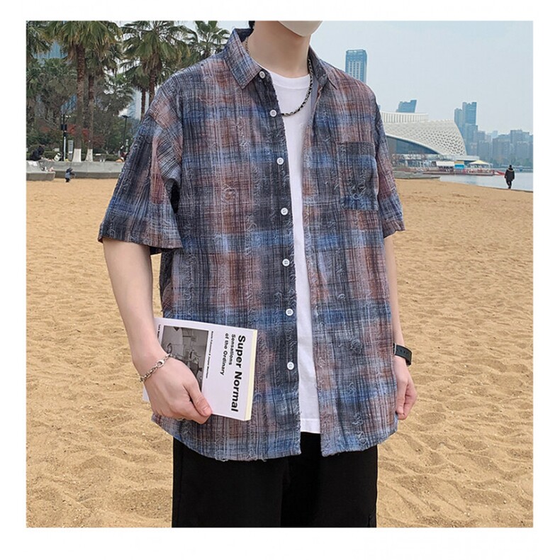 复古男款春秋夏季衬衫潮流宽松青年痞帅短袖破洞衬衣港风7223P45,男装衬衫,电商A056