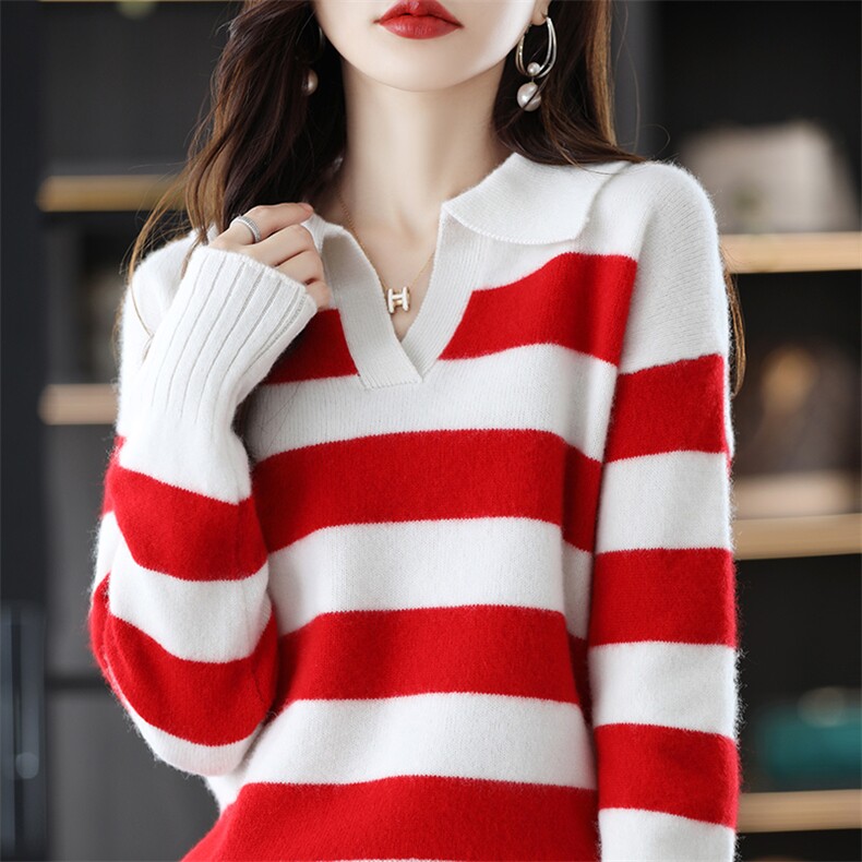 翻领黑白条纹羊毛衫女2024秋冬新款洋气减龄显瘦百搭宽松外穿，女装羊毛衫，蒙特羊绒