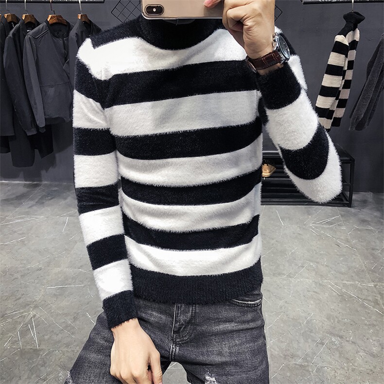 冬季加厚条纹仿貂绒高领长袖针织衫毛衣C301-M1017-P70，男装针织衫/毛衣，电商C301