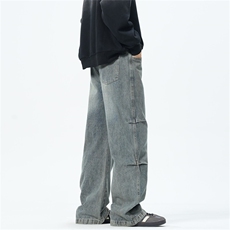 主推【S-4XL】现货！褶皱牛仔裤男水洗直筒裤子A080-8203-P65控88，男装牛仔裤，电商A080