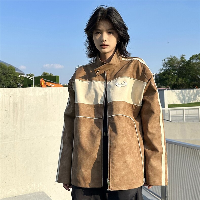 JK8547-P73 撞色拼接皮衣外套女春秋季vintage美式夹克高级感图片