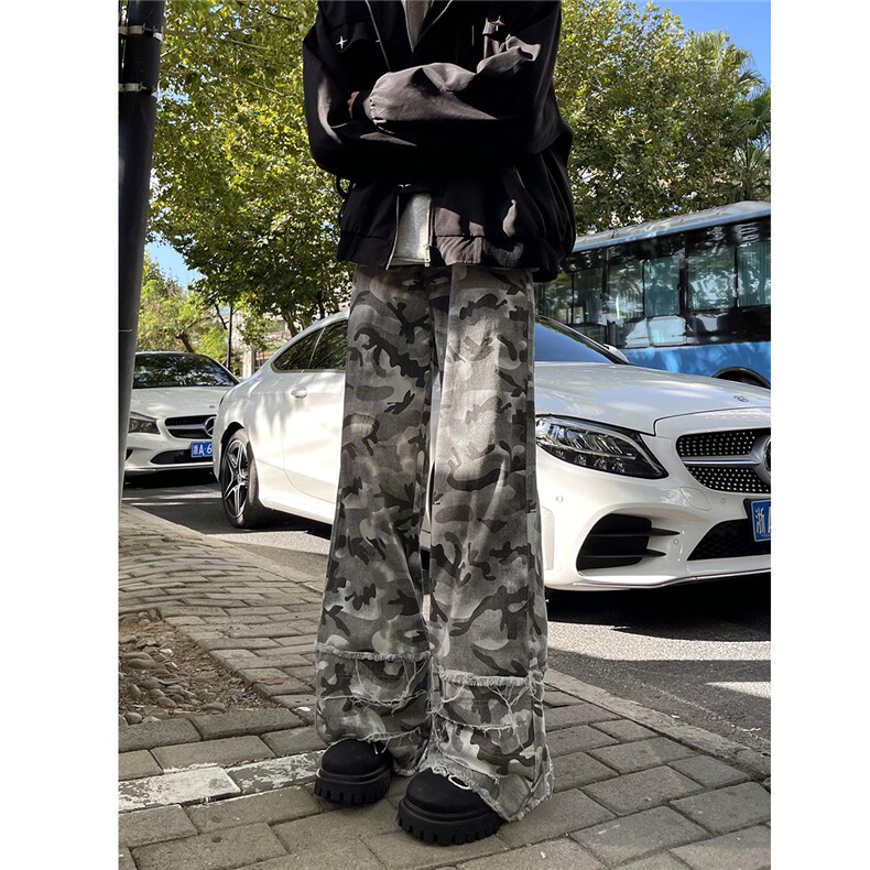 现货~黑白迷彩裤微喇毛边堆叠感工装休闲裤4XZ502-K771-P55控79，男装工装外套，星座502