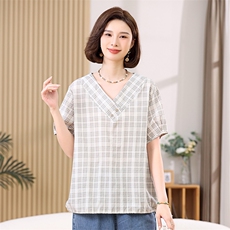 V领垂感天丝衬衫2025新款女士冰丝短袖复古格子衬衣中年妈妈上衣，女装衬衫，叶笙衣