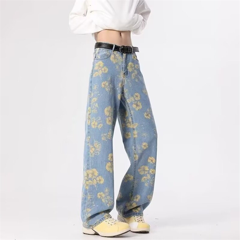 复古满印花小众设计直筒宽松牛仔裤男秋高街休闲阔腿裤AMD256P51,男装牛仔裤,星座1013-5