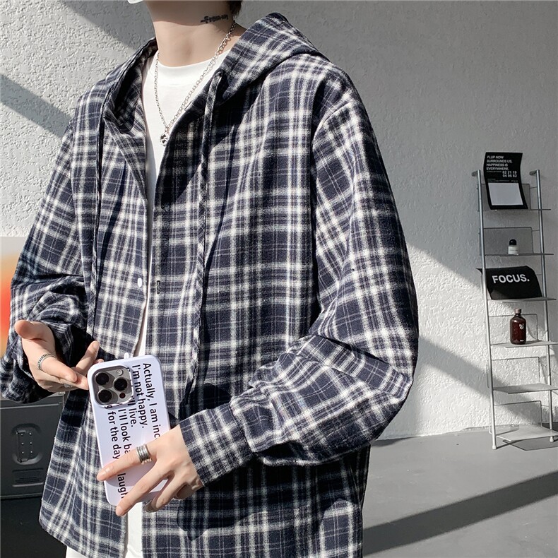 连帽格子衬衫男春季宽松大码慵懒风复古潮牌格纹休闲外套CS29011，男装衬衫，电商B312