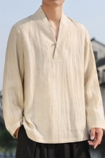 2025春夏棉麻男装风亚麻衬衣新中式V领盘扣衬衫唐装C176-P65，男装衬衫，电商B277(原6028)