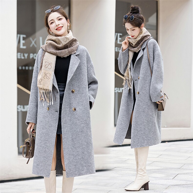 灰色双面羊绒大衣女中长款2023秋冬新款时尚气质通勤西装毛呢外套，女装双面呢大衣，采品优优