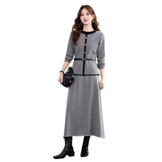 现货！秋季新款休闲简约百搭立体条纹撞色款圆领洋气两件套裙女，女装套装/套裙，央宝儿