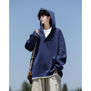 8XL-M叠穿假两件卫衣重磅连帽V领拼接套头衫宽松大码外套WY006P65图片