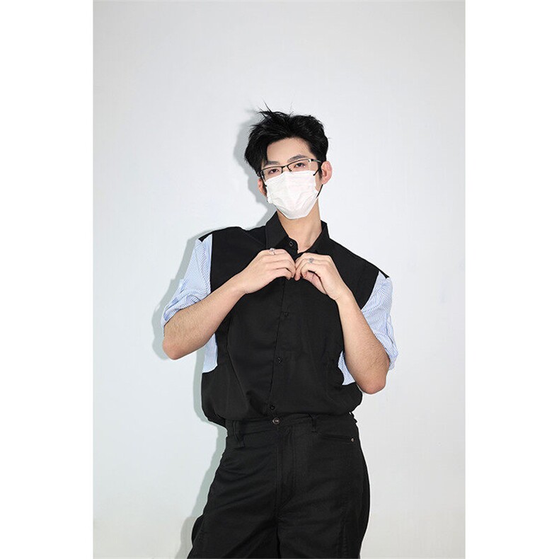 明星私服假两件宽松拼接飞肩设计感假两件条纹短袖衬衫卫衣特P39，男装卫衣，电商B319
