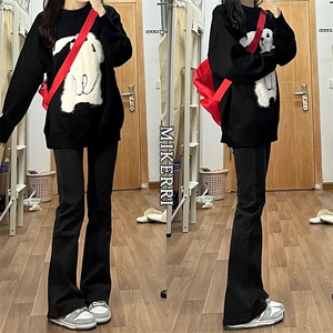 1506-1/GD080/P32黑色微喇牛仔裤女秋冬大码图片
