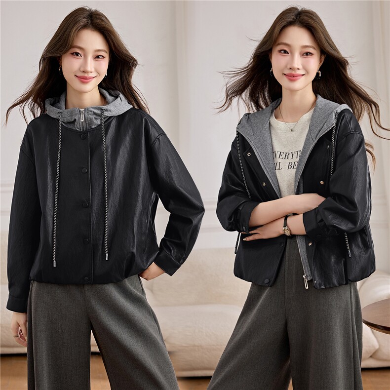 2655海宁皮衣女款B款2026年新款洋气休闲宽松春秋连帽皮夹克外套,女装皮衣,潮流依族