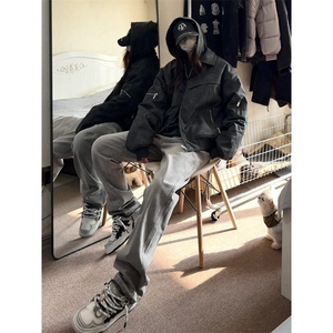 美式hiphop烟灰色毛边修身直筒显瘦牛仔裤痞帅高街图片