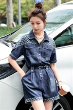 2022时尚新品牛仔格子拼接连体短裤配送腰带，女装连体裤，钱塘布衣