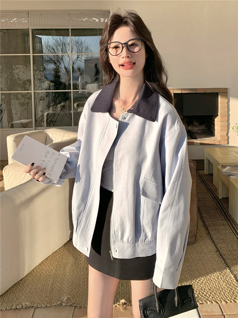 2026春装新款浅蓝色小清新夹克外套可脱卸领子韩版上衣女,女装短外套,时尚风爆