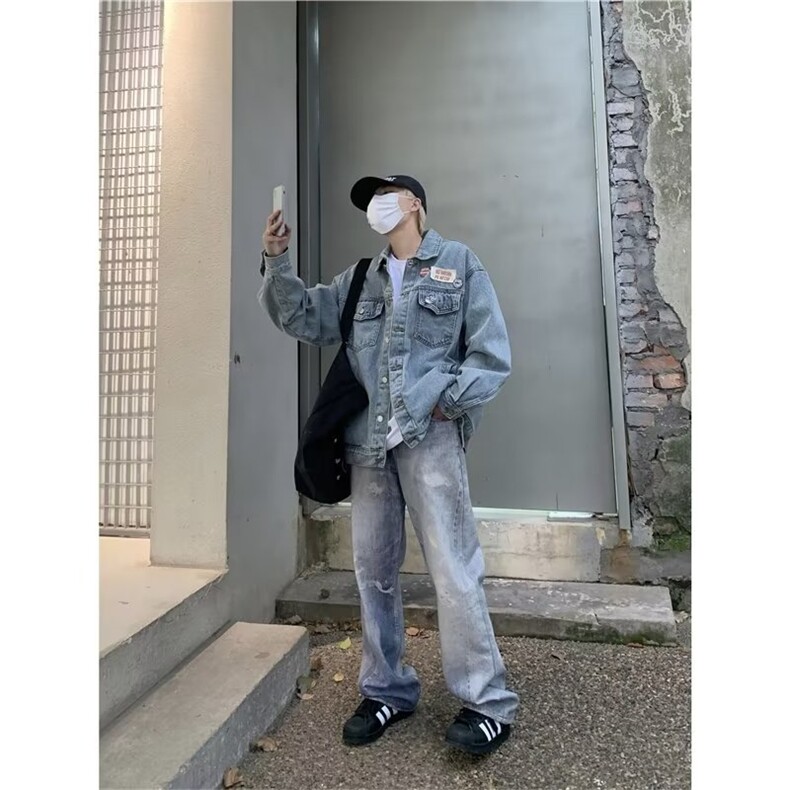 复古水洗做旧徽章牛仔外套宽松男秋高街小众设计感百搭N1208-P60,男装工装外套,星座1109-3