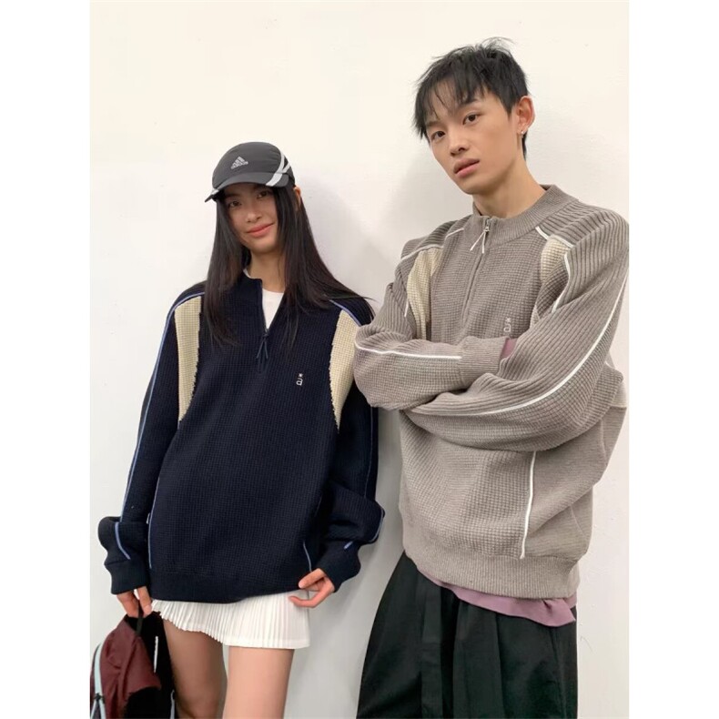 半拉链毛衣男秋冬小众设计感拼接潮牌美式复古上衣高级感痞帅外套图片