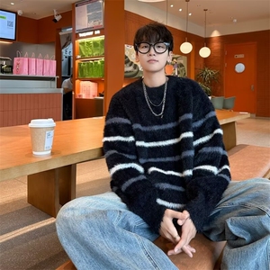 水貂绒条纹毛衣男冬季加厚慵懒风外套秋冬款韩系马海毛针织衫7170图片