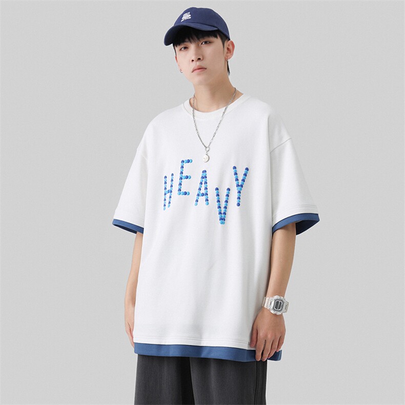 新款夏季短袖珠地面料宽松刺绣印花假两件男士T恤ZDY3416-P49,男装T恤,星座717