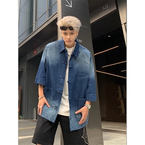 F344-P68 夏季新中式潮牛仔外套男复古宽松水洗做旧衬衣 现货图片