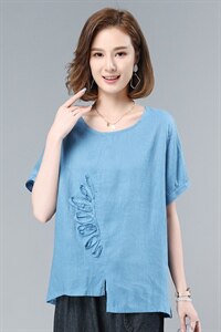 2021夏季新款气质圆领拼贴纯色麻短袖上衣图片