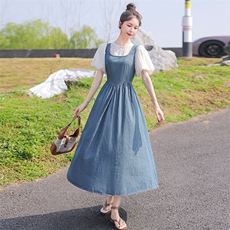 女童裙子套装夏季2024新款儿童牛仔连衣裙泡泡袖短袖T恤两件套潮，女装套装/套裙，慧尚依恋