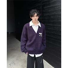 紫色百搭V领针织开衫男女秋冬新款胸针宽松慵懒风毛衣外套MY9802，男装针织衫/毛衣，星座506