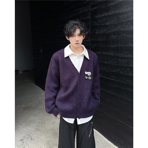 紫色百搭V领针织开衫男女秋冬新款胸针宽松慵懒风毛衣外套MY9802图片