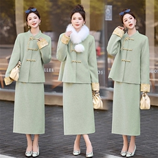 芷墨2025年冬季新款双面呢外套半身裙两件套装裙新中式盘扣套装，女装套装/套裙，芷墨服饰