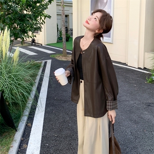 秋装  皮衣外套休闲宽松版 圆领 袖口拼接格-2d075-p175-k235图片