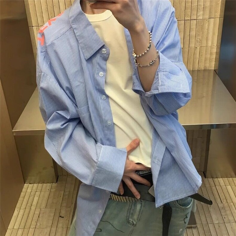 网图CS31-特P38控6825春装男女字母印花衬衫宽松版条纹开衫衬衫,男装衬衫,电商B327