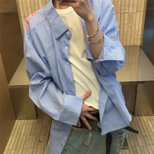 网图CS31-特P38控6825春装男女字母印花衬衫宽松版条纹开衫衬衫