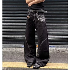 美式街头重磅蛇迹原牛色牛仔裤男女高街宽松直筒拼接长裤N917-P52，男装牛仔裤，星座208-5