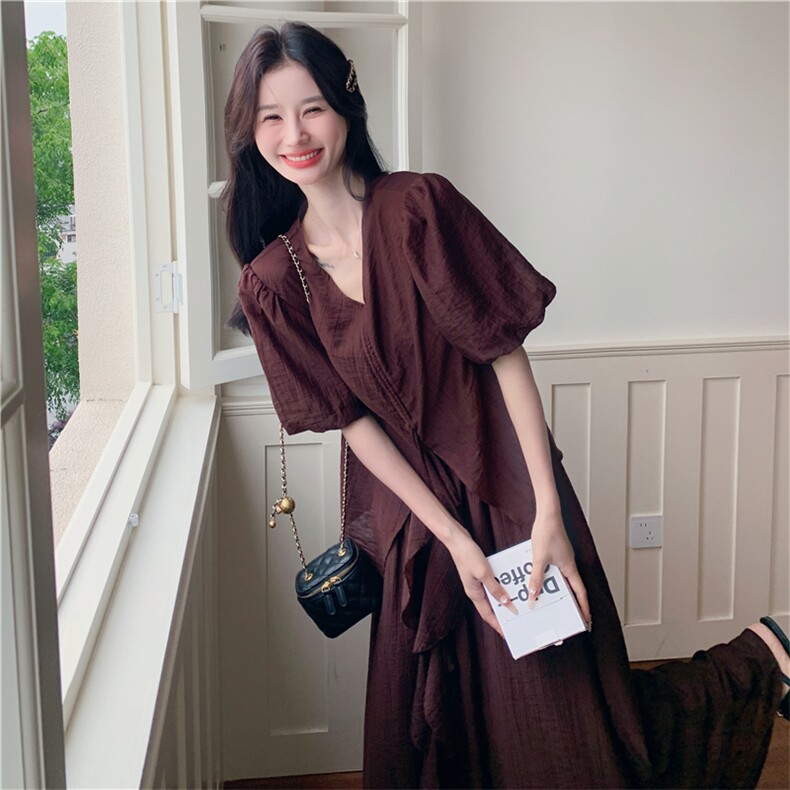 法式时尚气质褶皱v领上衣套装女2025夏季新款显瘦半身长裙两件套,女装套装/套裙,2C118