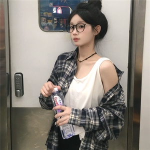 TC621-P45复古长袖格子衬衫女设计感宽松小众百搭翻领衬衣图片