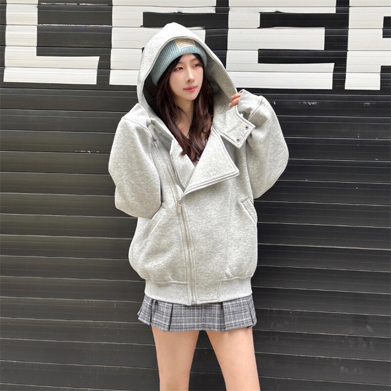 抖音得物品质26春装美式重磅结构斜拉链高领连帽卫衣开衫外套W61,女装短外套,电商A486-1
