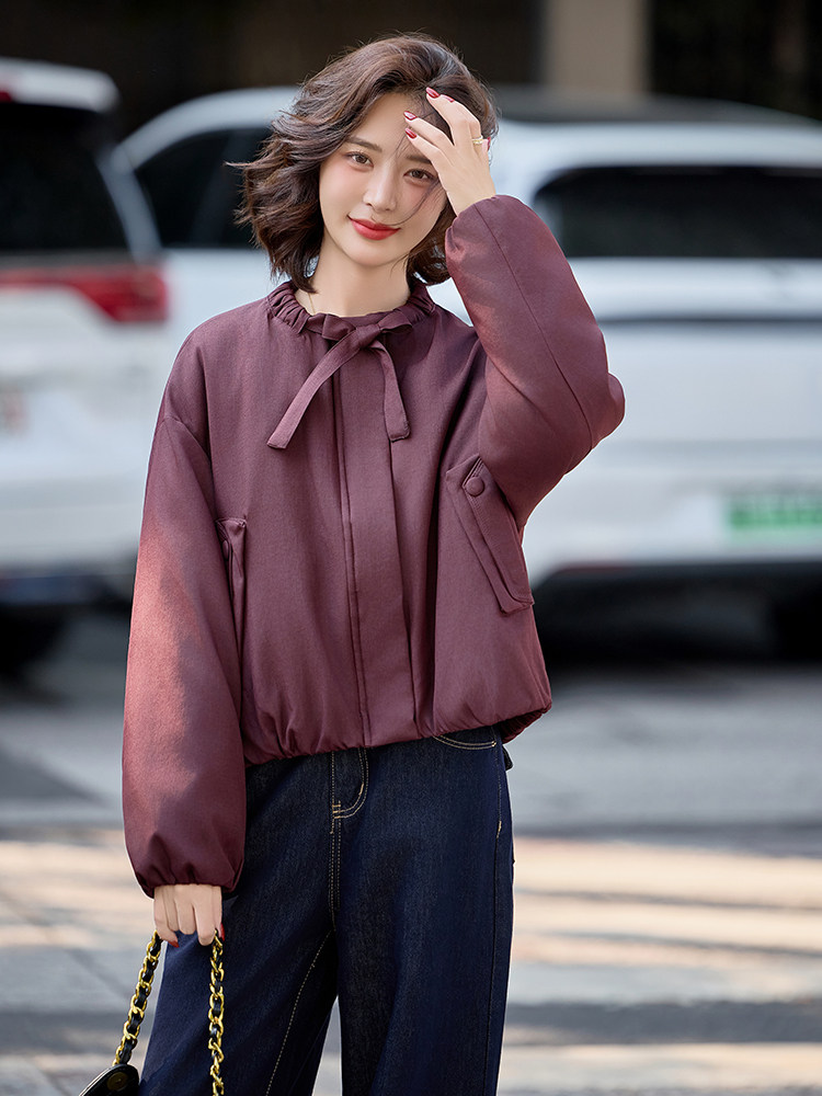 水衣源2798款纯色圆领飘带短款休闲宽松羽绒服女保暖外套,女装羽绒服,水衣源
