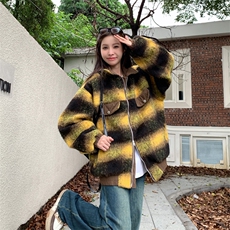 A275-P110复古撞色拼接格子毛呢双层内里渐变夹克男女宽松外套，男装夹克，星座911