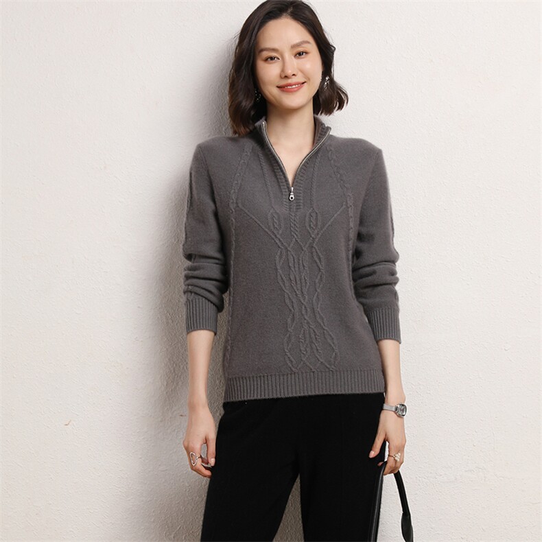 秋冬季35%羊绒简约休闲百搭时尚七针双股拉链半高领羊绒衫，女装羊绒衫，云暖羊山羊绒