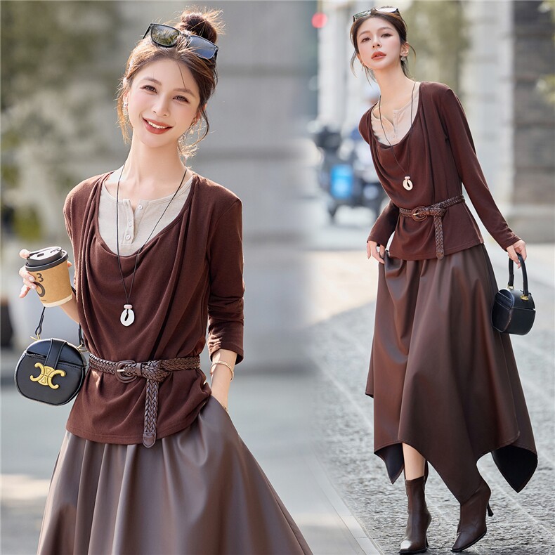 2025秋季皮裙套装女秋大方得体高级感pu长裙针织衫两件套显瘦洋气，女装套装/套裙，意芙