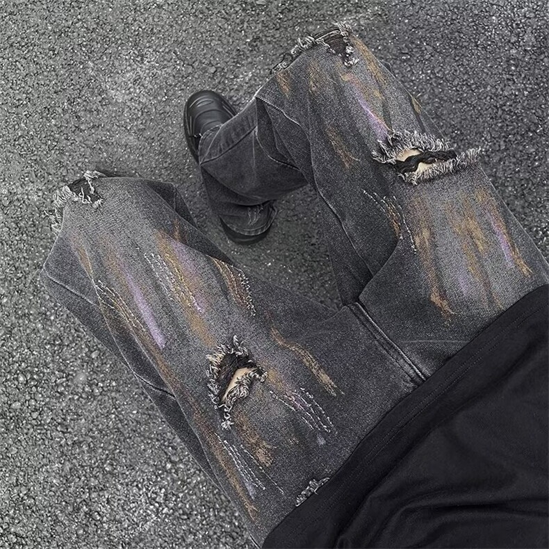破洞开叉牛仔裤美式做旧涂鸦高街乞丐个性街头男女直筒裤~K1089图片
