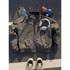 抖音得物美式潮休闲夹克春季立领纯色复古工装加厚棉服外套AMY01，男装夹克，电商A443